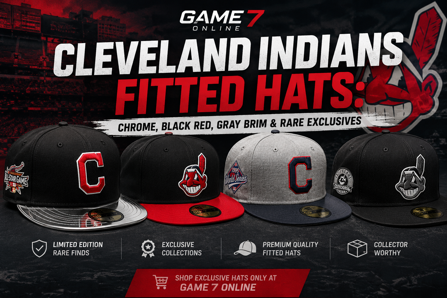 Cleveland Indians exclusive fitted hat collection featuring chrome brim and collector edition styles