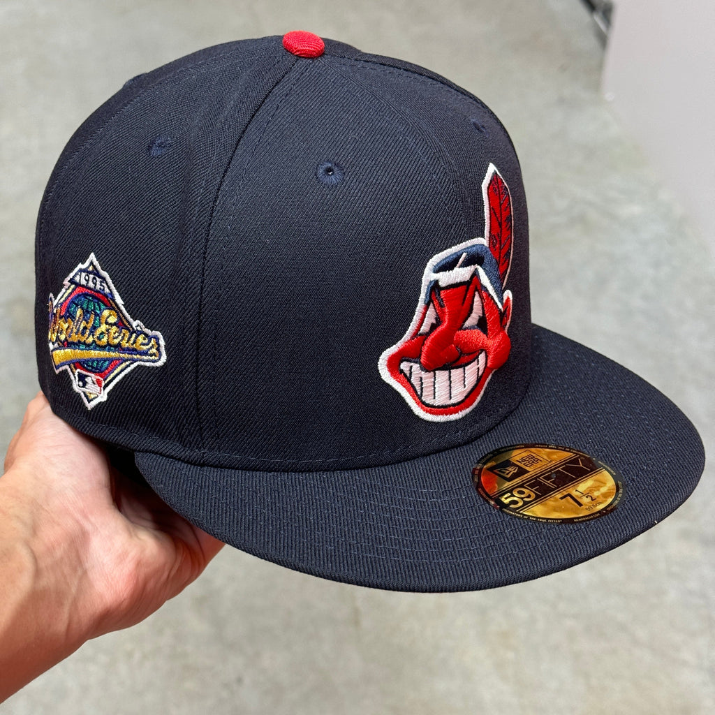 Navy Pinky Chief Wahoo Cleveland Indians 1995 World Series New Era Fitted Hat Cap - view 9