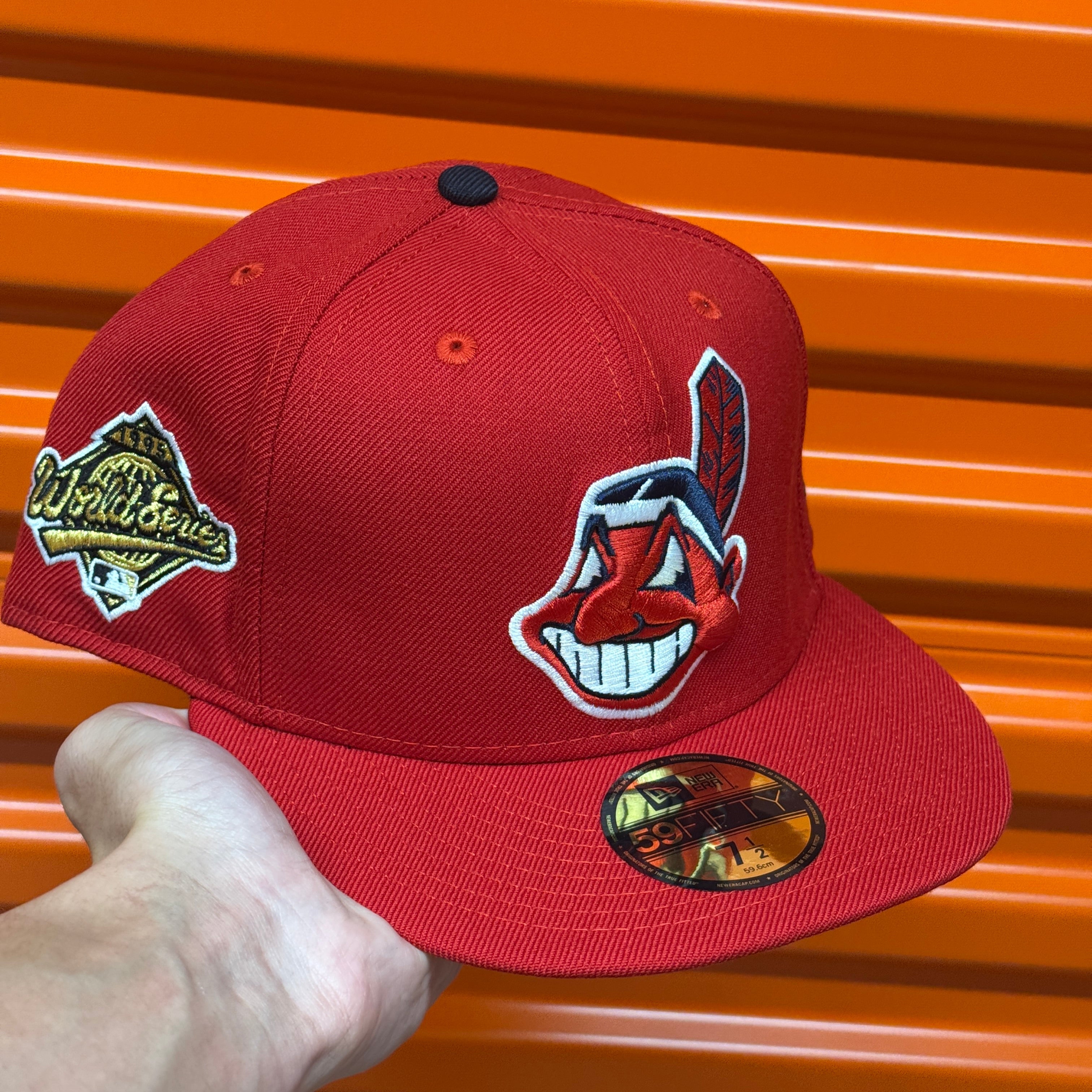 Wool Red Navy Chief Wahoo Banned Cleveland Indians Guardians 1995 World Series New Era Fitted Hat Cap Rare Grey UV
