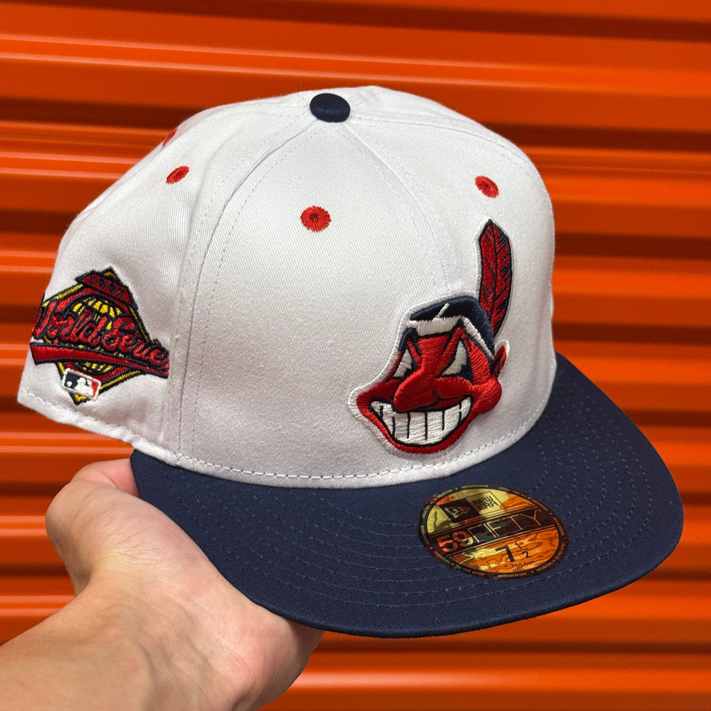 Cotton White Blue Chief Wahoo Banned Cleveland Indians Guardians 1997 World Series New Era Fitted Hat Cap Rare