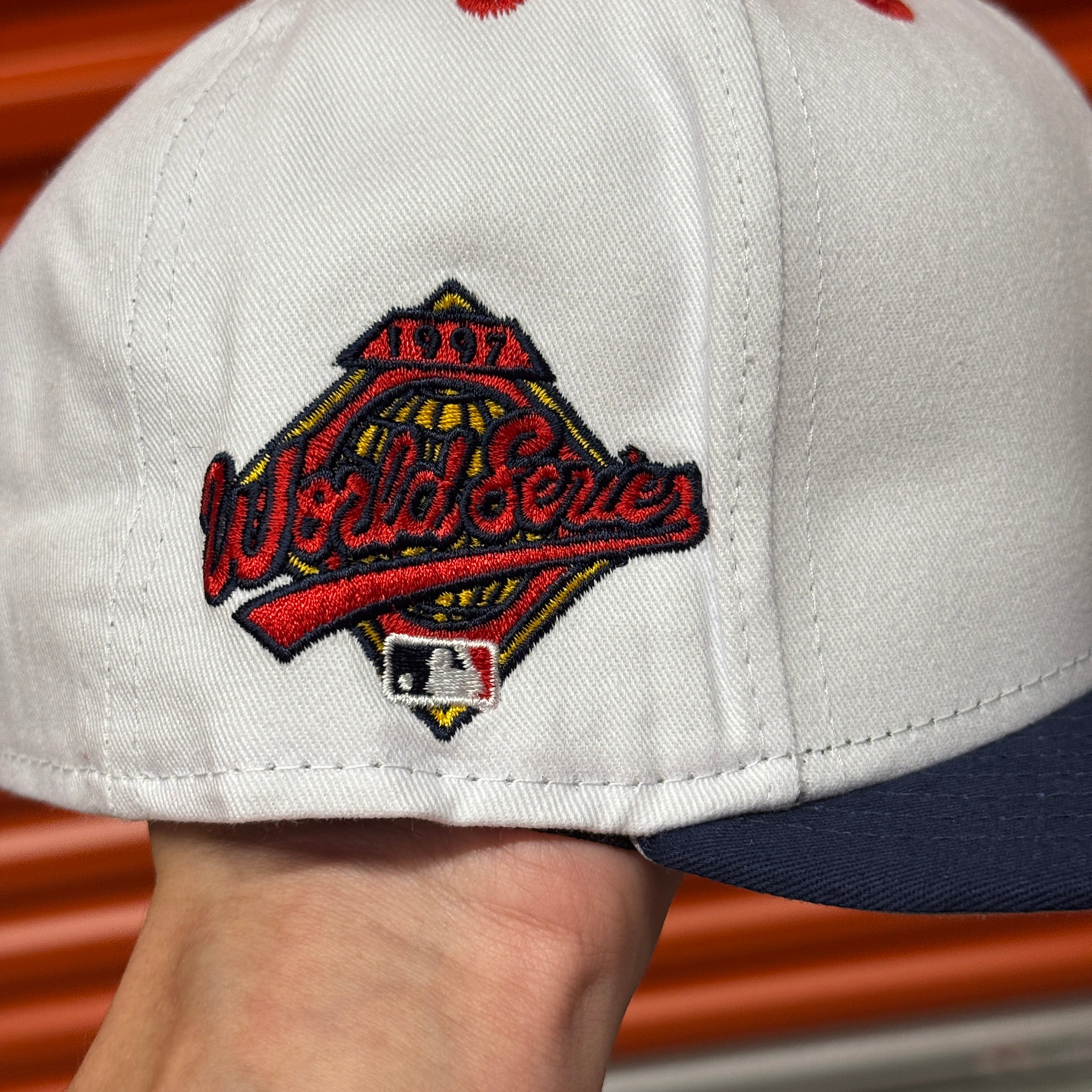 Cotton White Blue Chief Wahoo Banned Cleveland Indians Guardians 1997 World Series New Era Fitted Hat Cap Rare