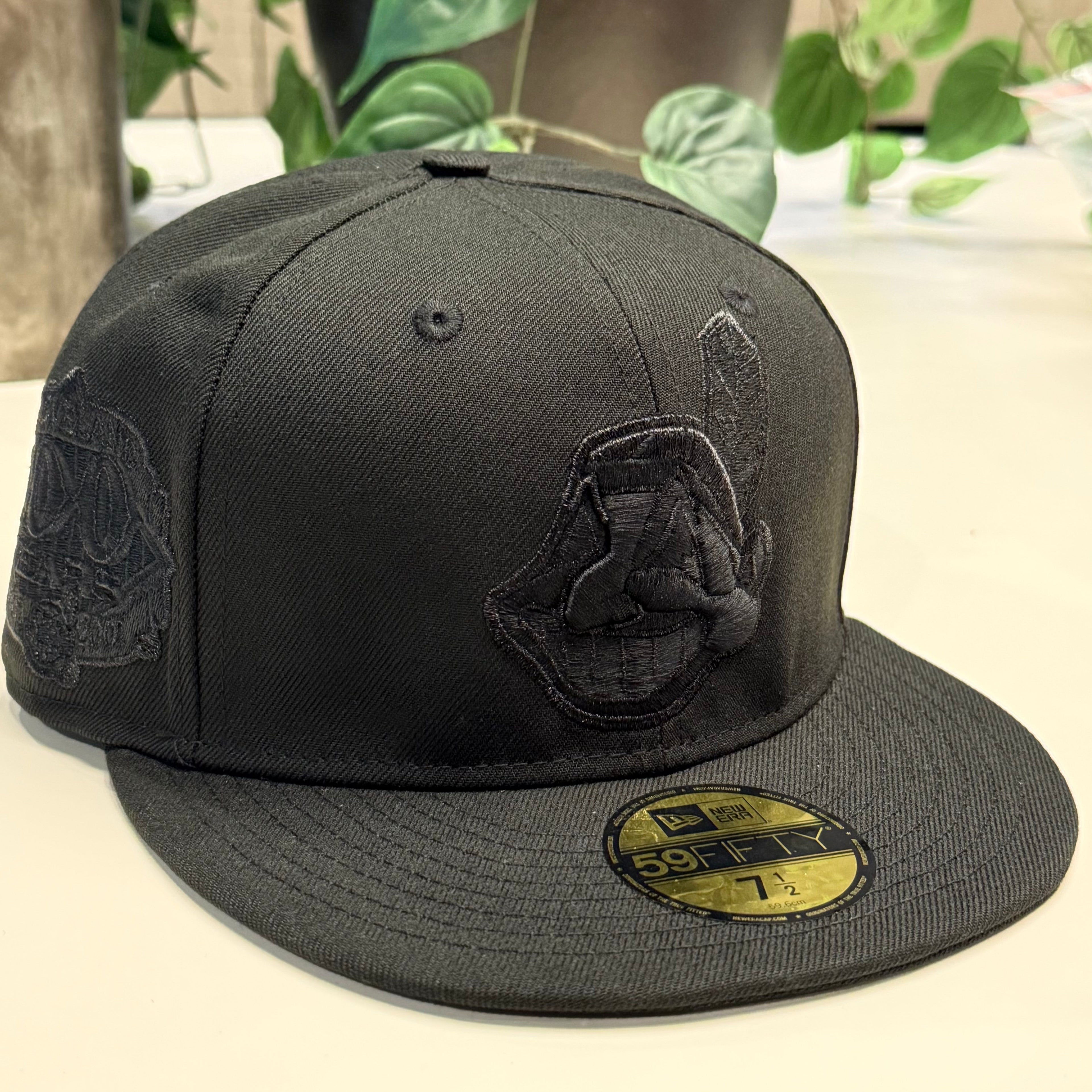 Black Red Chief Wahoo snapback hat, front view
