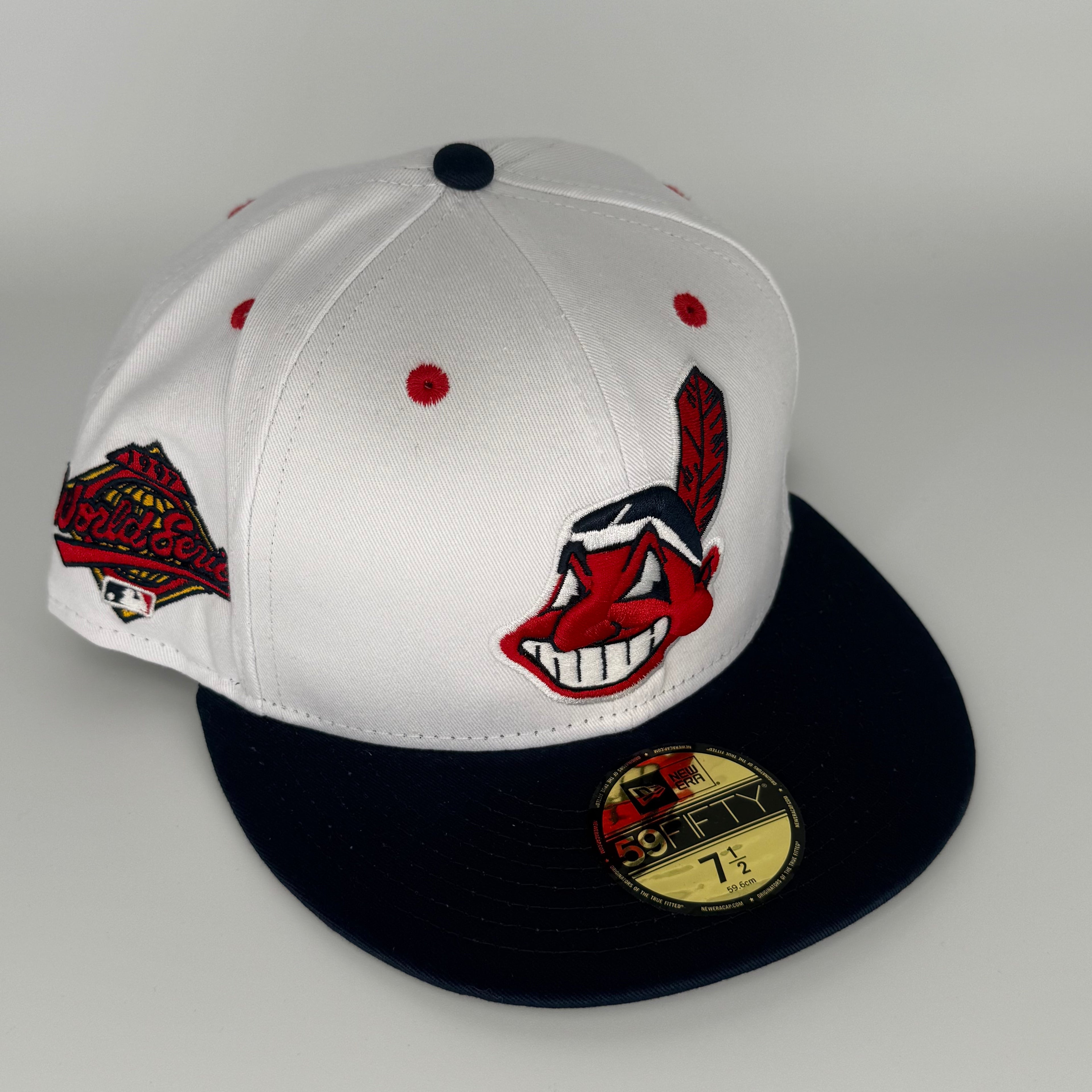 Cotton White Blue Chief Wahoo Banned Cleveland Indians Guardians 1997 World Series New Era Fitted Hat Cap Rare