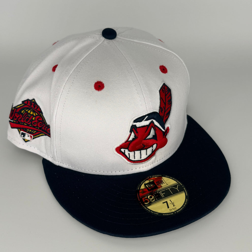 Cotton White Blue Chief Wahoo Banned Cleveland Indians Guardians 1997 World Series New Era Fitted Hat Cap Rare
