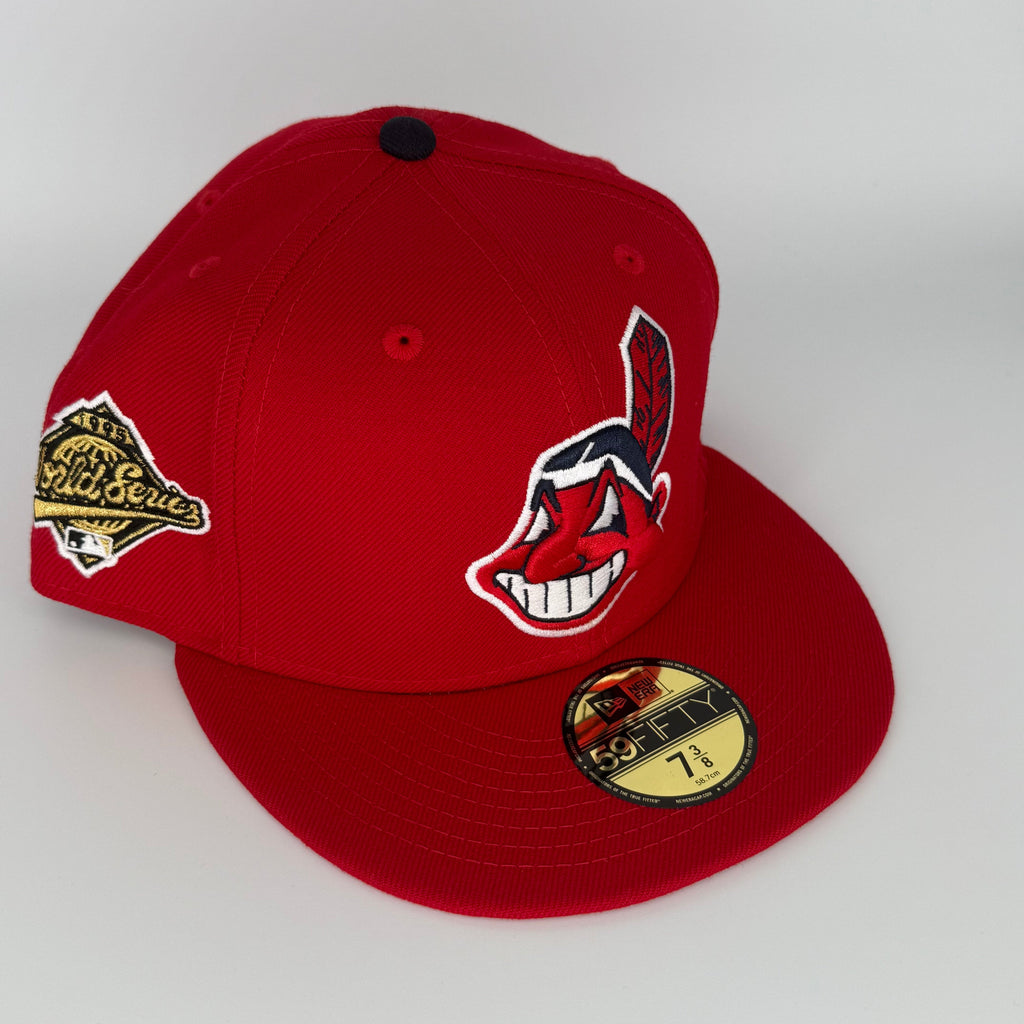 Wool Red Navy Chief Wahoo Banned Cleveland Indians Guardians 1995 World Series New Era Fitted Hat Cap Rare Grey UV