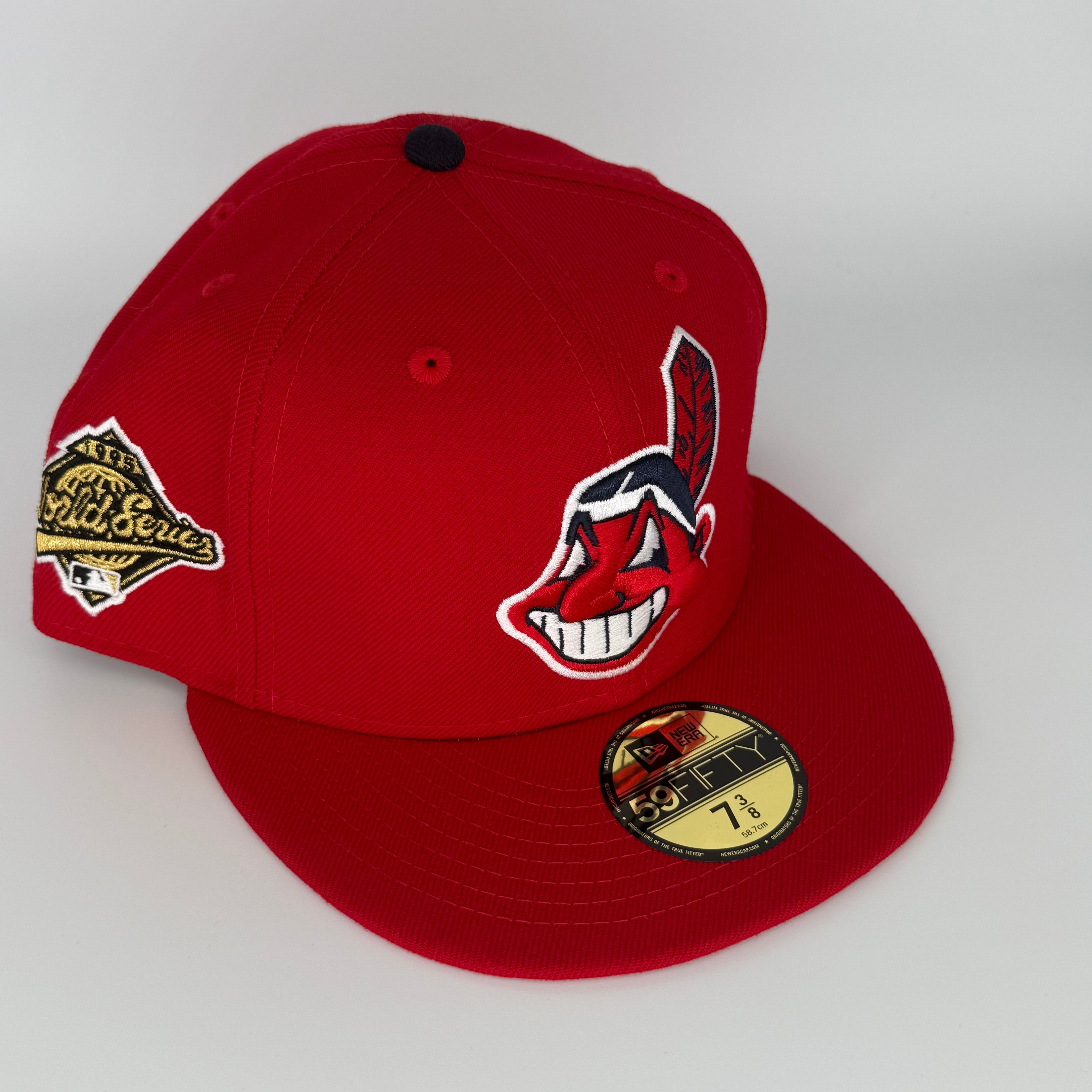 Wool Red Navy Chief Wahoo Banned Cleveland Indians Guardians 1995 World Series New Era Fitted Hat Cap Rare Grey UV