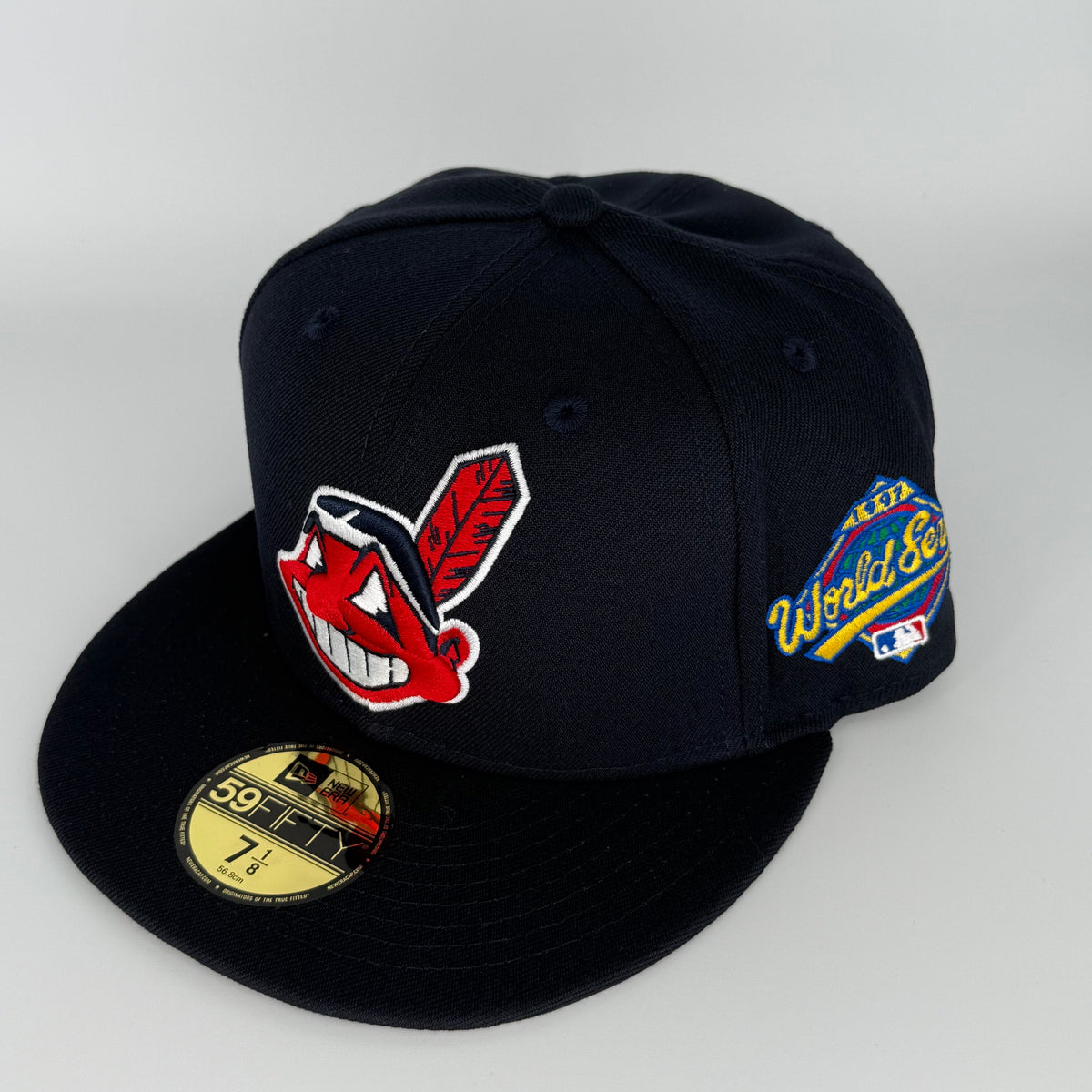 Navy Grey UV Chief Wahoo 1997 World Series fitted hat, front view