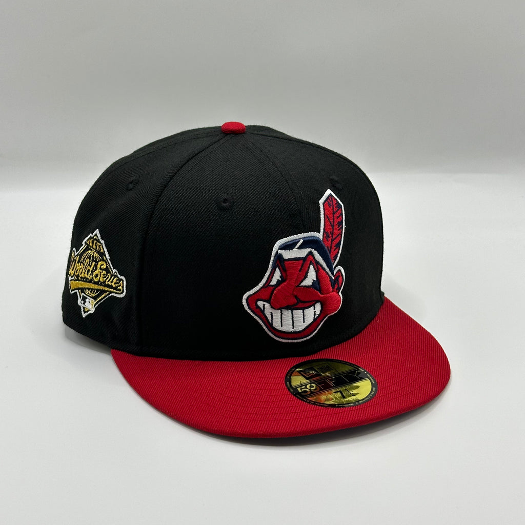 Wool Black Red Chief Wahoo Cleveland Indians Guardians 1995 WS Banned Hat New Era Cap